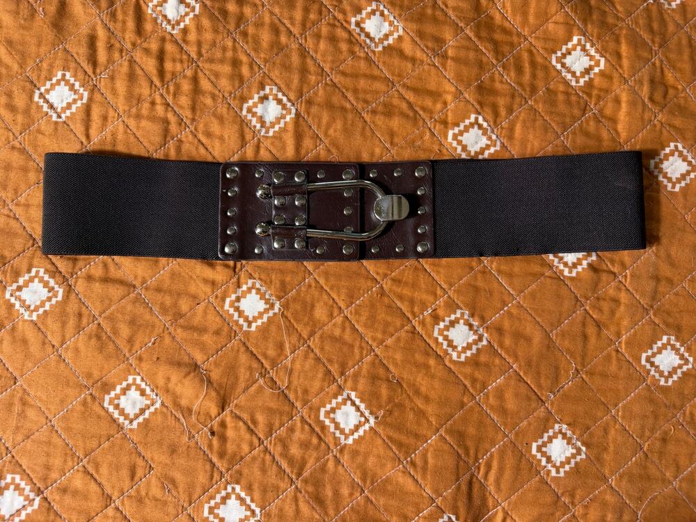 Wide Black Stretch Waist Belt Brown Studded Buckle Y2K Boho 35”